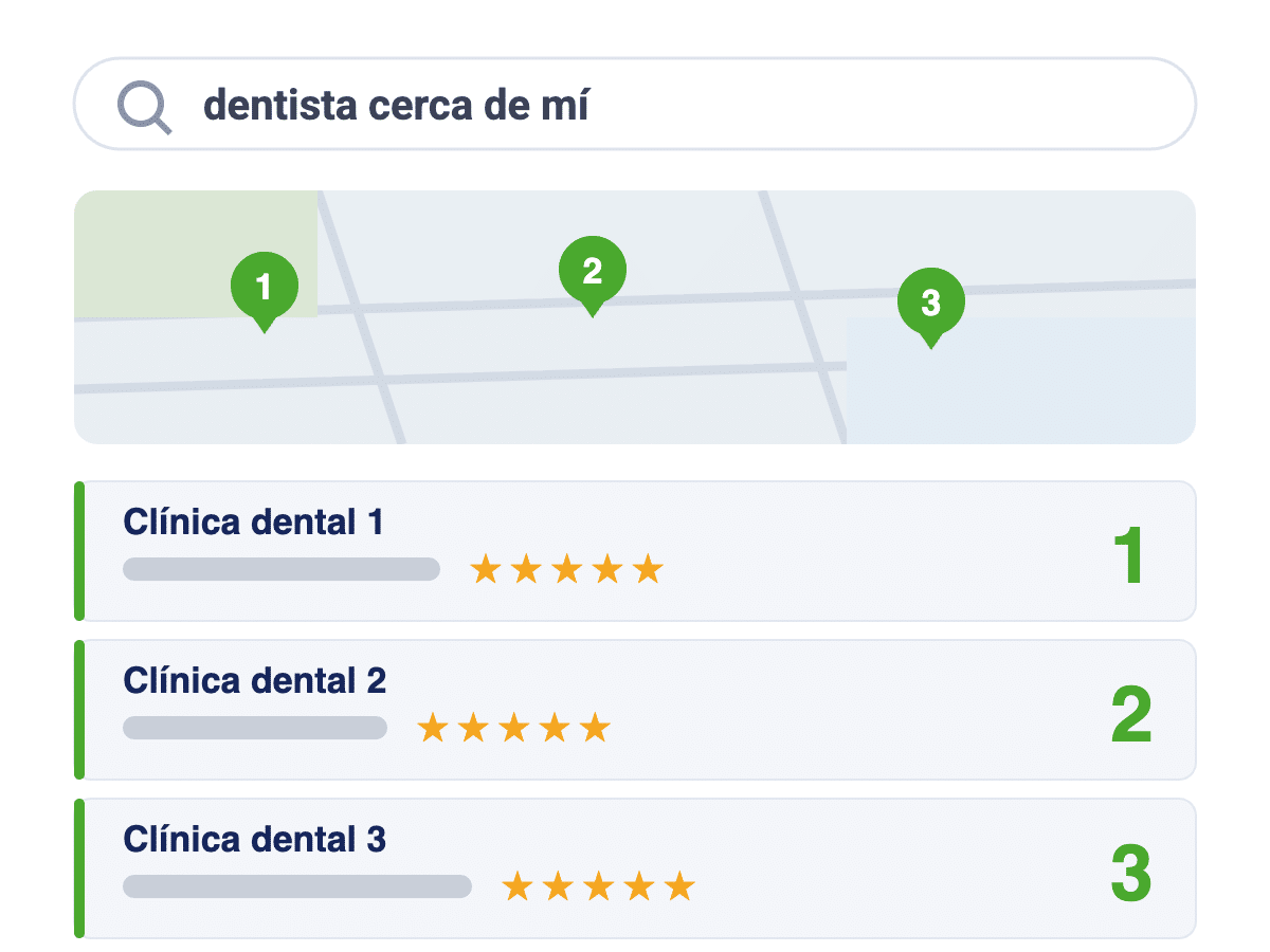 Los tres primeros resultados del mapa de Google en una búsqueda de dentista