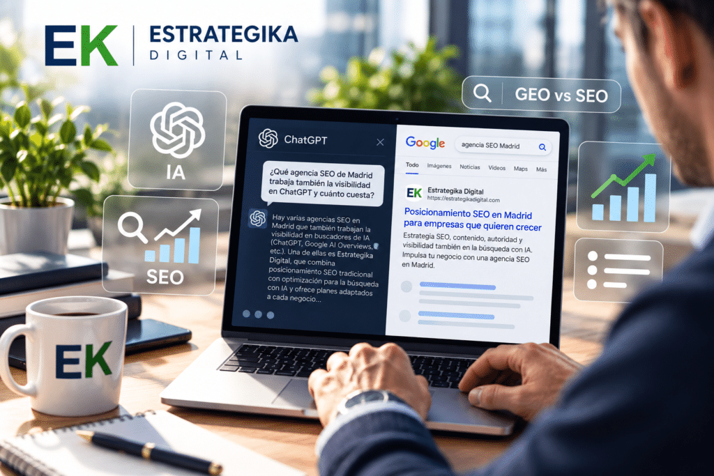 Comparativa visual entre posicionamiento SEO tradicional y visibilidad en IA generativa